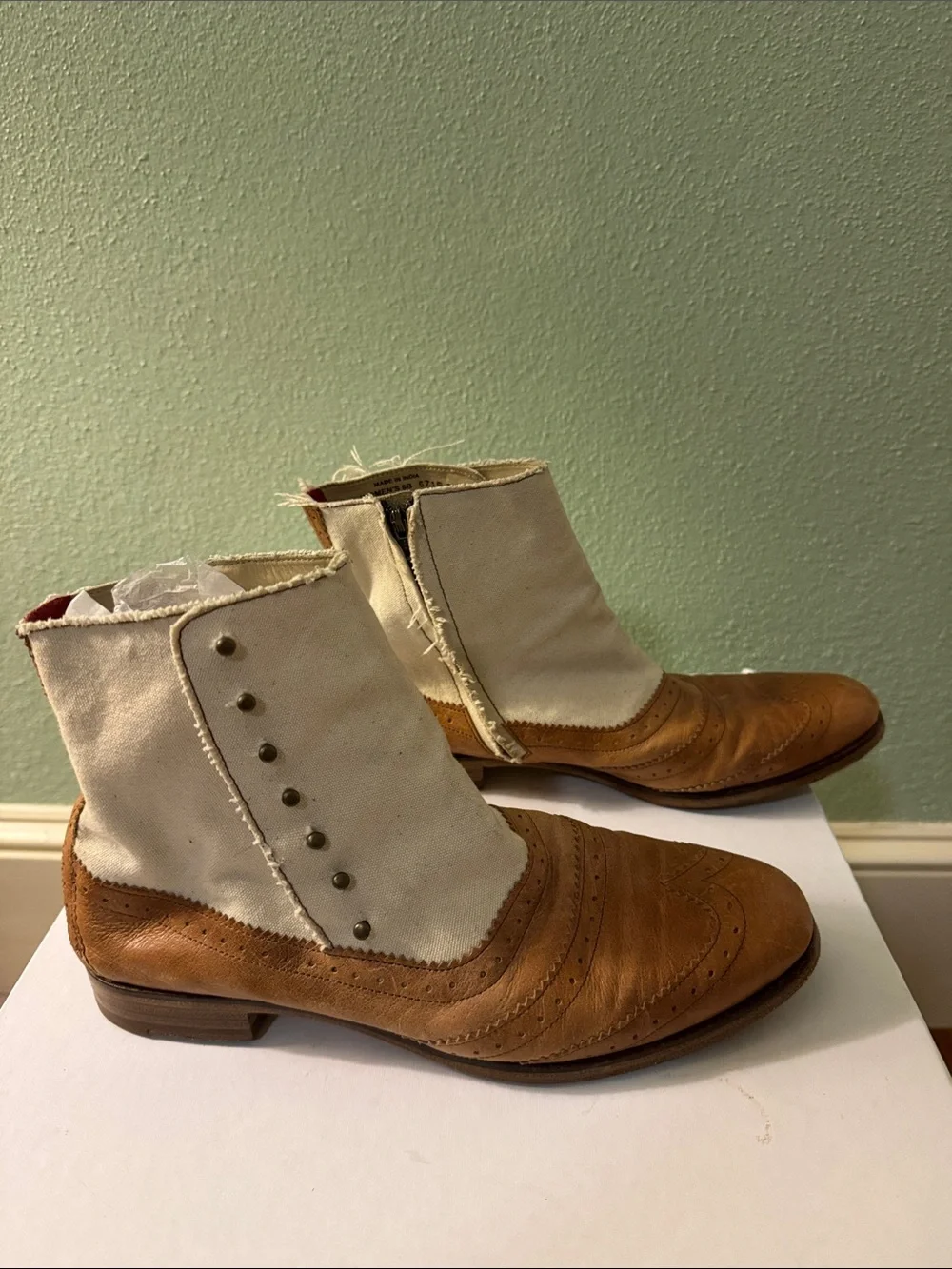 Cole Haan Tan Leather & Cream Canvas Chukka Brogue Boots